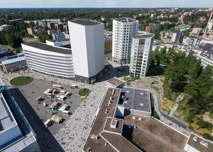 Luonnoskuva Hartelan suunnittelemasta Vantaa Myyrmaen keskustan uusista kerrostaloista.