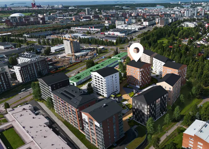 Hartela Ilmakuvaluonnos Oulun Karjasillan Kulman uuden asuinkorttelin tulevasta kohteesta