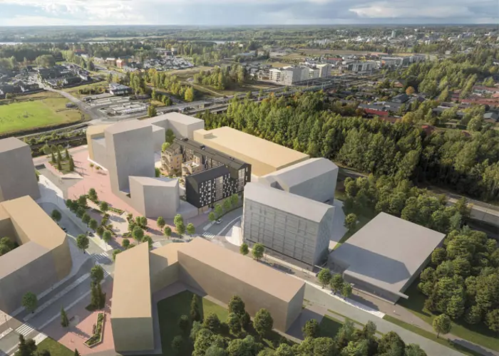Luonnoskuva ilmasta Järvenpään kehittyvästä Ainolasta