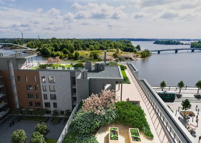Luonnoskuva Asunto Oy Helsingin Sompasaaren Pelagian kattopuutarhasta