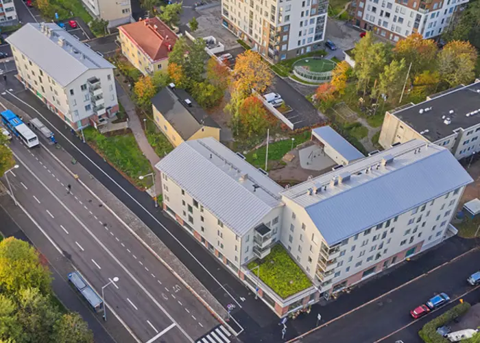 Ilmakuva näkymä Helsigin Pitäjänmäen Asunto Oy Helsingin Siveltimen kohteesta
